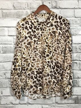 NWT Leopard Print Button-Up Blouse in Cream, Brown, Tan